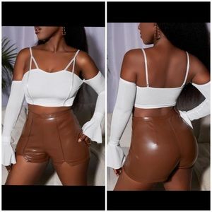 White flared sleeve peep shoulder crop top blouse